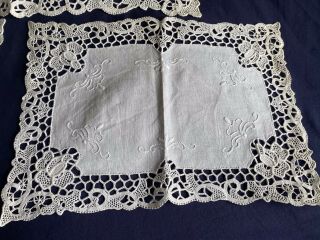 3 Vintage Italian Point De Venise Lace Hand Embroidered Linen Tray Cloths 3