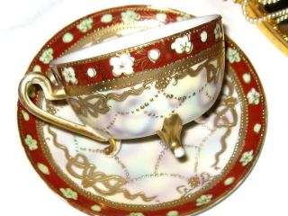 Vintage Nippon Hand Painted Cup Saucer Maroon & Gold Bows Raised Beading