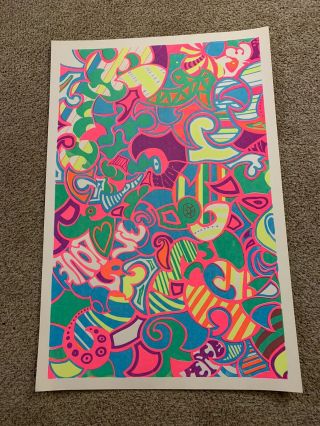 Vintage Psychedelic Blacklight Poster Hippie Daisy Peace Love 1960’s Rare