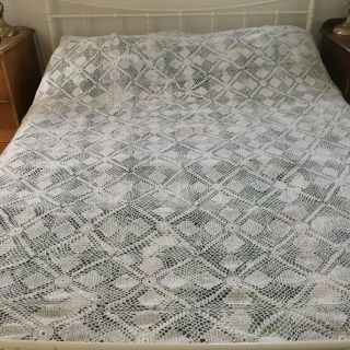 Large French Vintage Hand Crocheted Cotton Bedspread