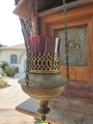 Antique Orthodox Brass Lampada With Glass Insert (hanging Votive Lamp)
