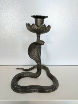 Antique Vintage Brass Cobra Snake Candlestick Candle Holder Candelabra 8.  5 "