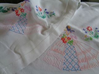 A Large Hand Embroidered Crinoline Lady And Flowers Tablecloth In Soft Rayon