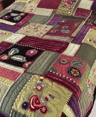 Euc Pottery Barn Velvet & Silk Patchwork Quilt Full/queen Embroidered Rare