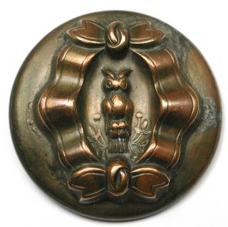 Lg Sz Antique Brass Button Perched Owl Framed By Ribbon Scene - 1 & 7/16 "