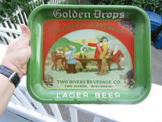 Rare Vintage 1930 Golden Drops Lager Beer Tray Two Rivers Beverage Co.  Wisconsin