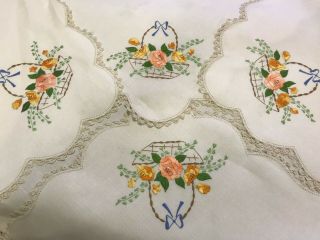 Vintage Hand Embroidered Tablecloth - Gorgeous Floral Baskets Stunning
