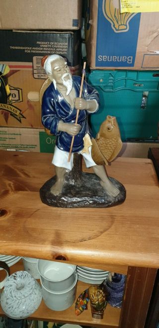 Vintage Chinese Mud Man Fishing Fisherman Figurine Large Collectable Fish Rod
