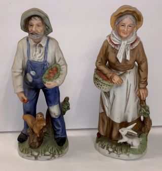 Rare Homco 1409 1408 Porcelain Figurine Man Woman Rabbit 8 " Vintage
