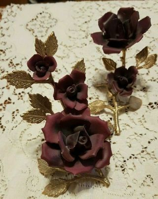 Set Of 2 Capodimonte Italy Ex Rare Especially This Color Porcelain Roses Metal