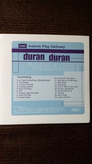Greatest By Duran Duran (cd,  Nov - 1998,  Emi) Rare Promo Advance Card Sleeve Oop