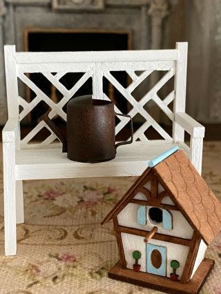 Vintage Miniature Dollhouse Artisan Wood Garden Bench Bird House Watering Can
