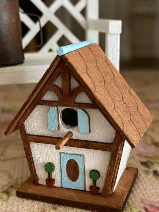 Vintage Miniature Dollhouse Artisan Wood Garden Bench Bird House Watering Can 2