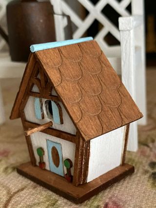 Vintage Miniature Dollhouse Artisan Wood Garden Bench Bird House Watering Can 3