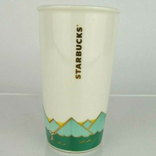 RARE 2014 Starbucks Gold Teal Hot Air Balloon Ceramic Tumbler Mug 12oz NO LID 3