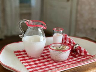 Vintage Miniature Dollhouse Artisan Glass Porcelain Breakfast Tray Cereal Milk