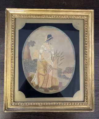 Antique Regency Silk Work Picture Of Lady Harvesting Wheat.  Early 19th Century.