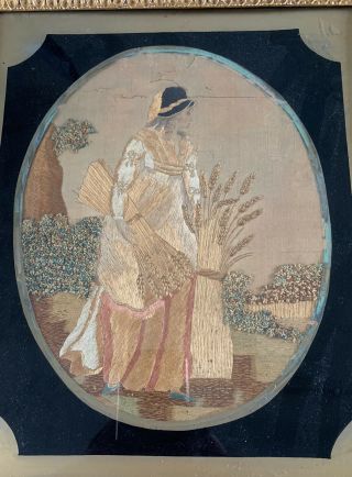 Antique Regency Silk Work Picture of Lady Harvesting Wheat.  Early 19th century. 3