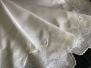 Stunning Large Antique Irish Linen Tablecloth Deep Lace Trim Butterflies