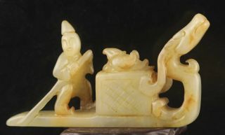 Chinese Old Natural Hetian Jade Hand - Carved Statue Fisherman And Boat 3.  8 Inch