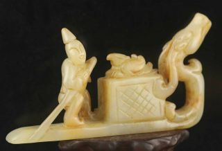 Chinese old natural hetian jade hand - carved statue fisherman and boat 3.  8 inch 2