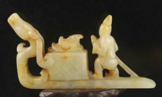 Chinese old natural hetian jade hand - carved statue fisherman and boat 3.  8 inch 3