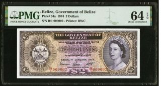 Government Of Belize 2 Dollars Pmg 64 Unc Epq 1974 Pick 34a Rare