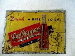 C1940s Vintage " Drink A Bite To Eat " Dr Pepper Embossed Metal Sign Rare