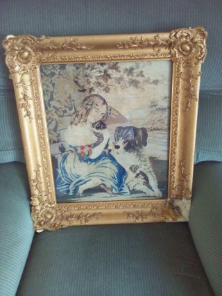 Tapestry Of Girl With Dog.  Victorian? Gilt Frame Need Replacing Or Res