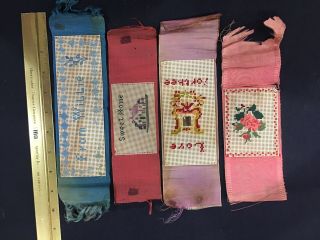 4 Antique Punch Paper Embroidery Silk Bookmarks.  One With Human Hair.