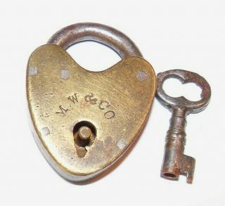 Antique Vintage M.  W.  & Co Heart Shape Padlock & Key
