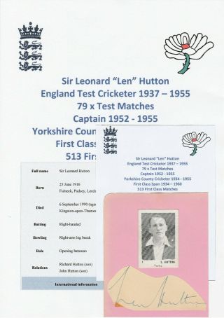 Len Hutton England Test Cricketer 1937 - 1955 Rare Autograph