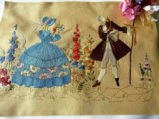 Vintage Hand Embroidered Picture Panel - Crinoline Lady&gent/flowers