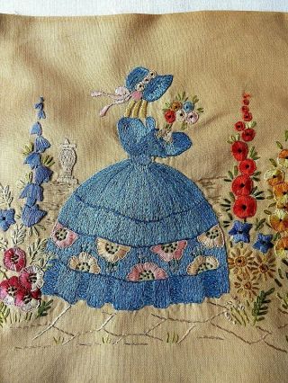 VINTAGE HAND EMBROIDERED PICTURE PANEL - CRINOLINE LADY&GENT/FLOWERS 2