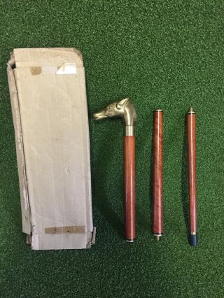 Vintage Brass Handled Walking Stick Cane Dog Hidden Flask Cork Collapsable Wood