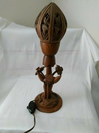 Vintage Hand Carved Lotus Flower Wooden Lamp