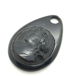 Antique Victorian Carved Whitby Jet Cameo Pendant 358