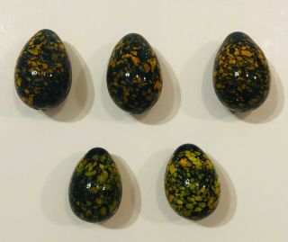 Rare Set Of Five Transparent Egg Shaped Marbles Cobalt And Teal Blue W/ Speckles