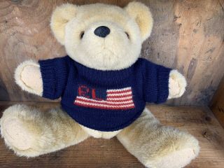 Ralph Lauren Polo 14 Inch Stuffed Teddy Bear Usa Flag Sweater Plush Vintage 1996