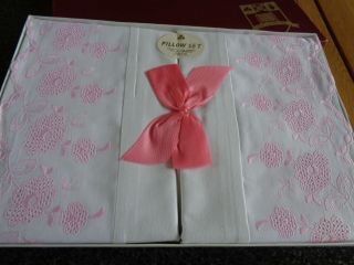 Pair Gorgeous Boxed/unused Vintage Irish Pillowcases,  Delicate Pink Embroidery