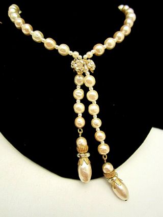 Rare Vintage Signed Miriam Haskell Goldtone Faux Pearl Rhinestone 16 " Necklace