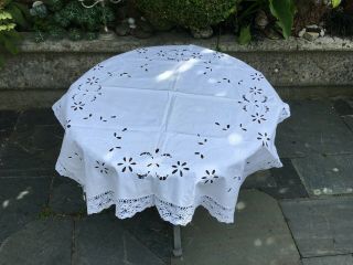 Vintage White Cotton Leavers Lace Edge Embroidered Tablecloth 82 Cm Square