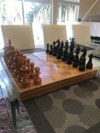 Rare Vtg Antique Large Wooden Hand Turned Carved Chess Set Game Board Folk Art