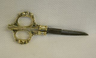 C1890 Antique Brass Handled Sewing Embroidery Arts & Crafts String Box Scissors.