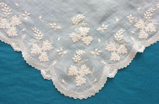 Antique Fine Embroidered Whitework Kerchief