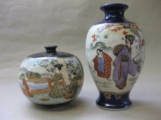 2 Vintage Japanese Porcelain Vases Cobalt Blue Hand Painted Scenes / Figures