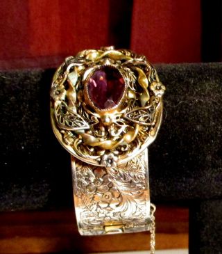 Victorian Stone Bracelet - Vintage Ornate Gold Tone Metal Hinged Antique Bracele