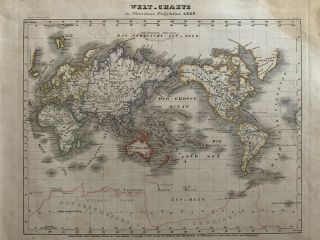 1849 World Chart Antique Hand Coloured Map By Joseph Meyer