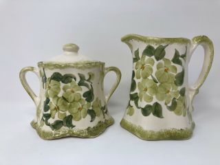 Hand Painted Pottery Creamer And Sugar Dish With Lid Cash Family Green Floral