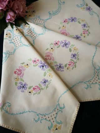 Gorgeous Vintage Hand Embroidered Tablecloth Xstitch Florals